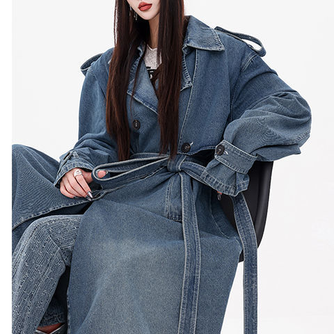 Women's Double Breasted Belted Long Denim Trench Coat - product image 3