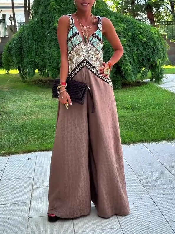 Women's Ethnic Print Paneled Sleeveless Wide-Leg Jumpsuit