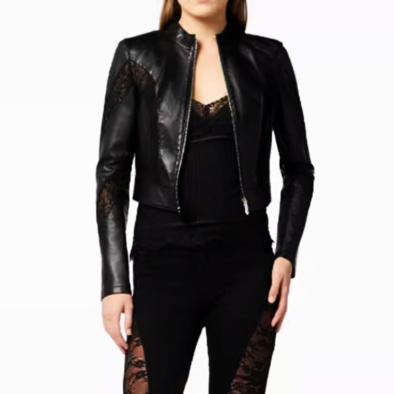 Women's Faux Leather Lace Patchwork Cropped Jacket
