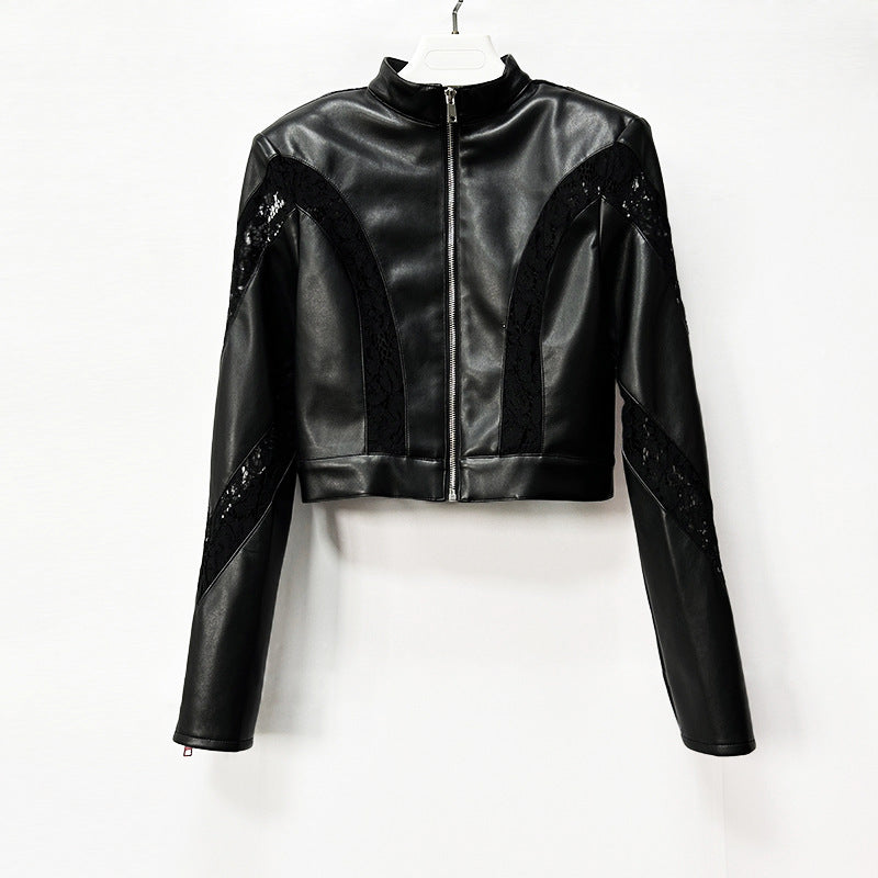 Women's Faux Leather Lace Patchwork Cropped Jacket - product image 4