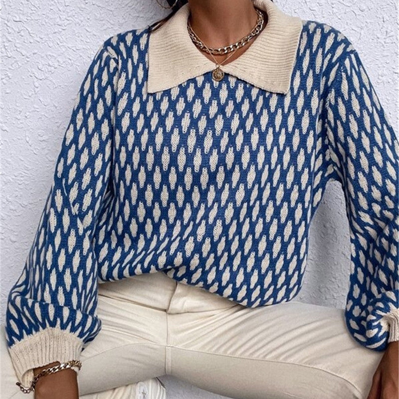 Women's French Style Diamond Patterns Lantern-Sleeve Contrast Color Sweater