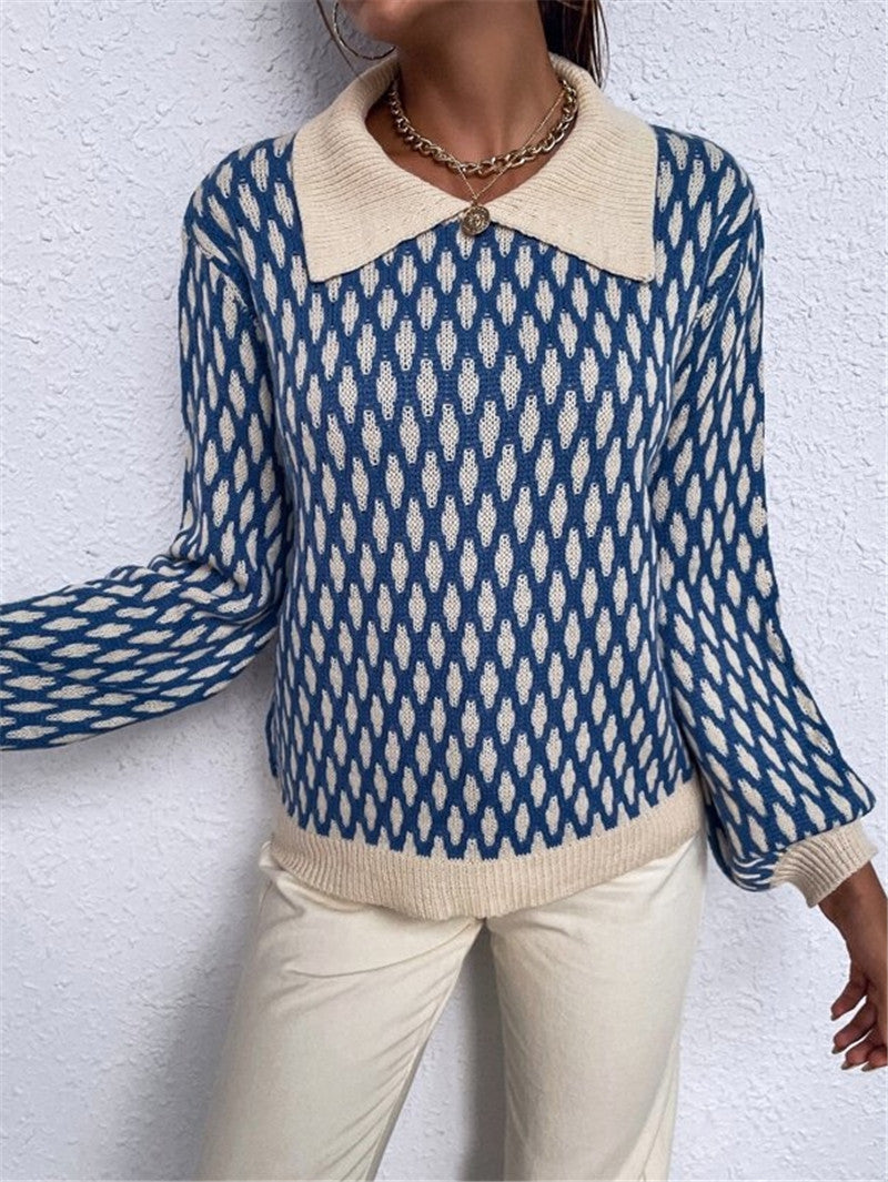 Women's French Style Diamond Patterns Lantern-Sleeve Contrast Color Sweater - product image 8