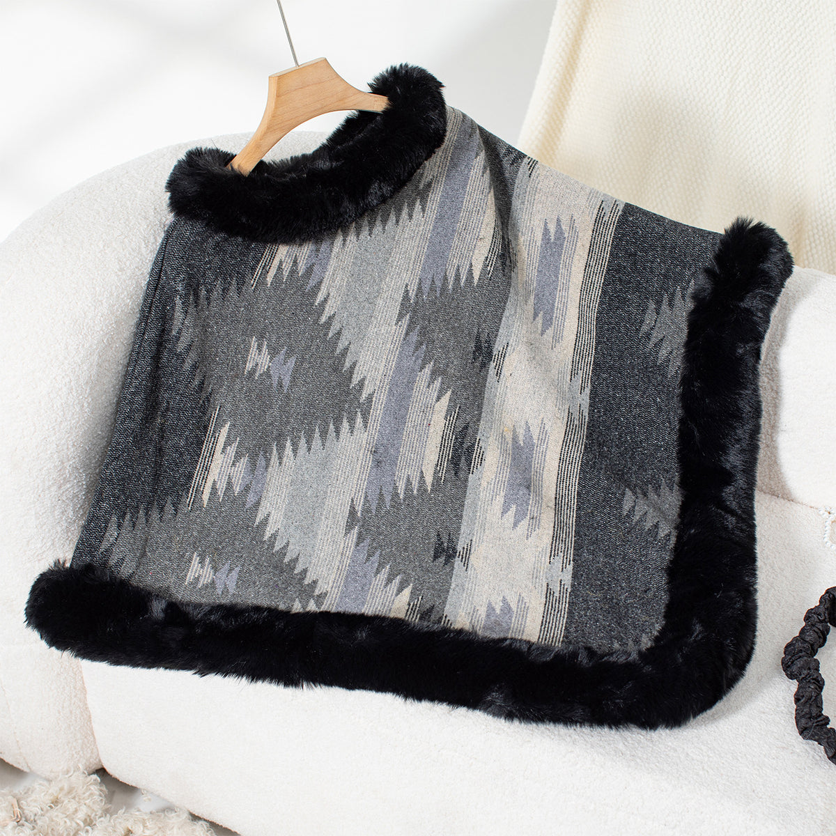 Women's Geometric Fur-Collar Knit Cape Sweater - product image 2