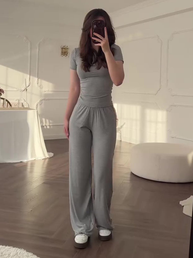 Women's Grey Short-Sleeve Top & Wide-Leg Pants Set
