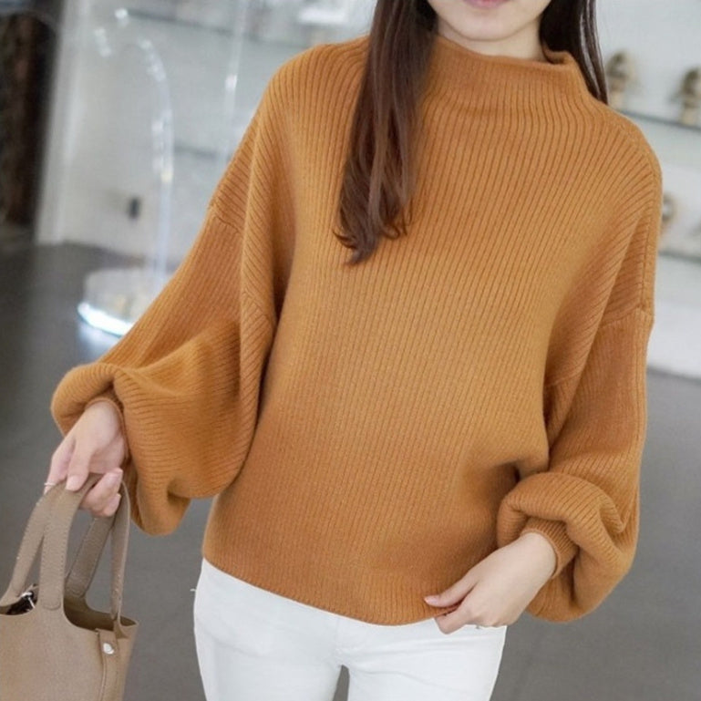 Women's Half Turtleneck Lantern-Sleeve Sweater Loose Slim Looking Base Knitwear