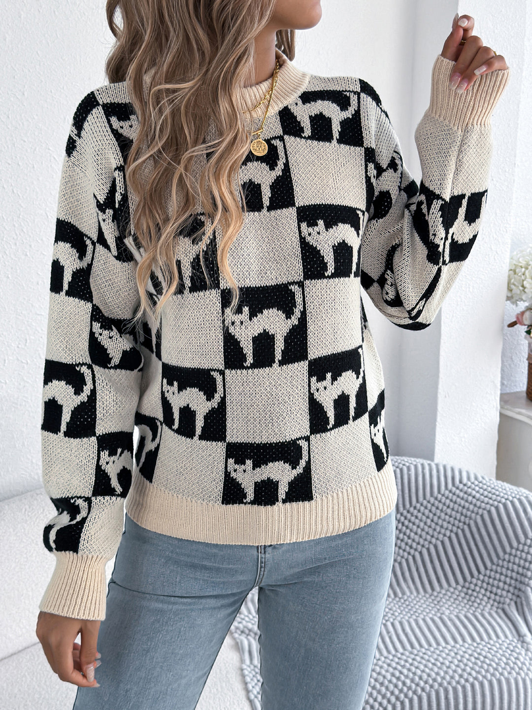 Women's Halloween Plaid Lantern-Sleeve Long-Sleeve Pullover Sweater