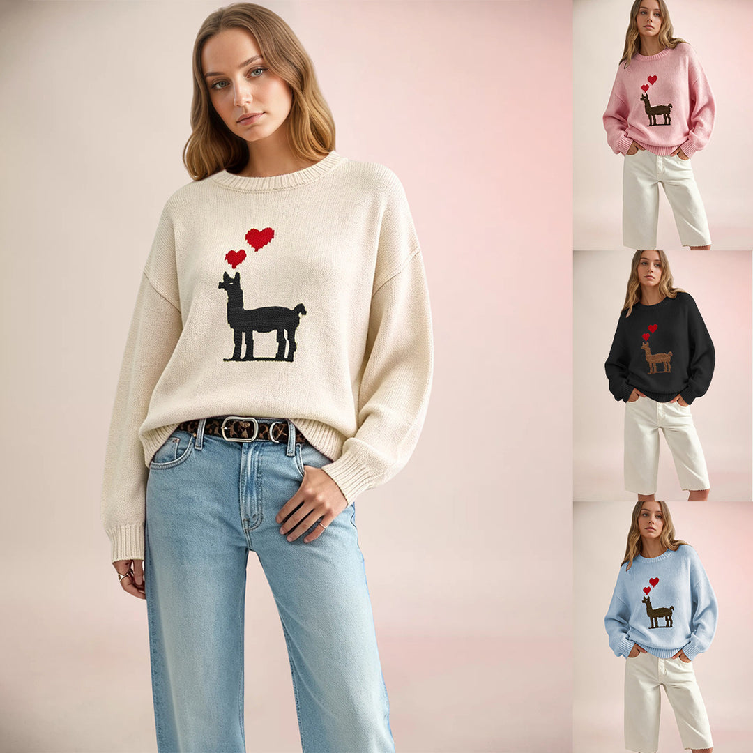 Women's Heart-Pattern Color-Block Crew-Neck Sweater