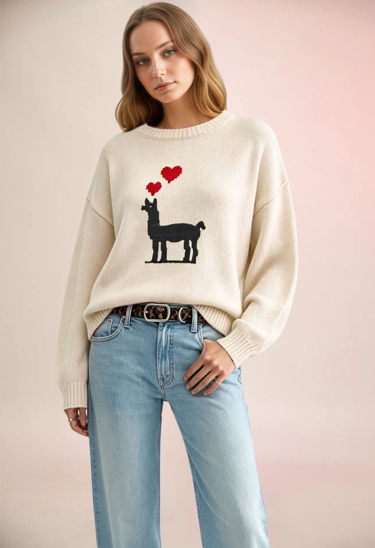 Women's Heart-Pattern Color-Block Crew-Neck Sweater - product image 3