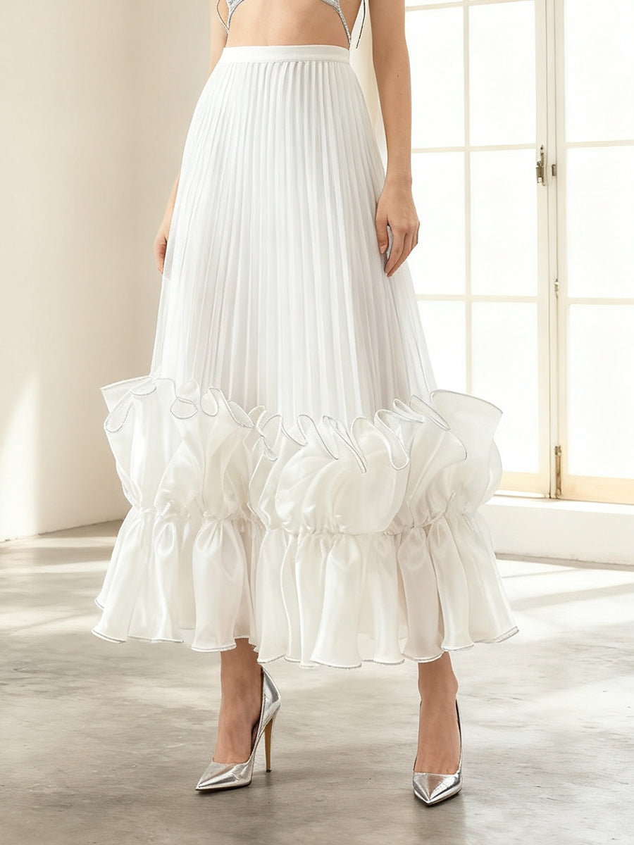 Women's High-Waist Pleated Ruffle-Hem Midi Skirt