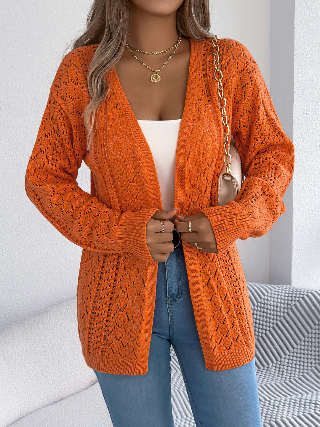 Women's Hollow Out Lantern-Sleeve Long-Sleeve Cardigan