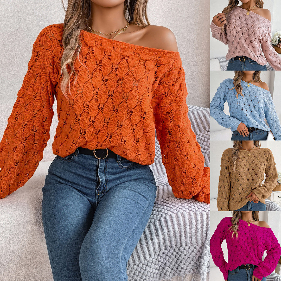 Women's Hollow-Out Off-Neck Off-The-Shoulder Lantern-Sleeve Sweater