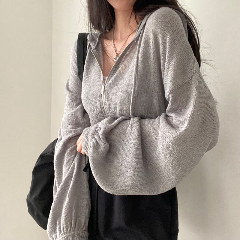 Women's Hooded Short Lightweight Sweater Zip Long-Sleeve Coat