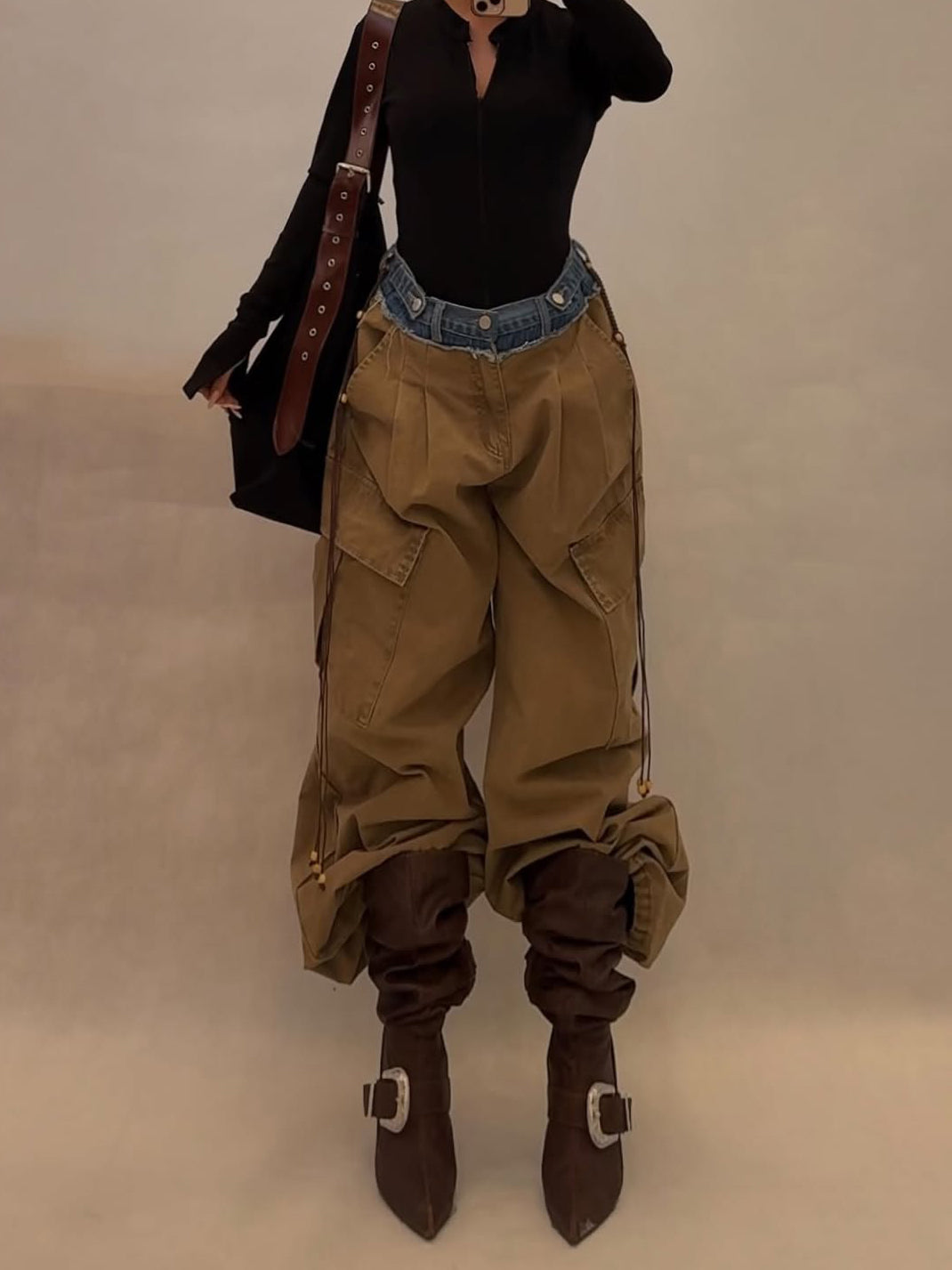 Women's Khaki Denim Panel Drawstring Wide-Leg Cargo Pants