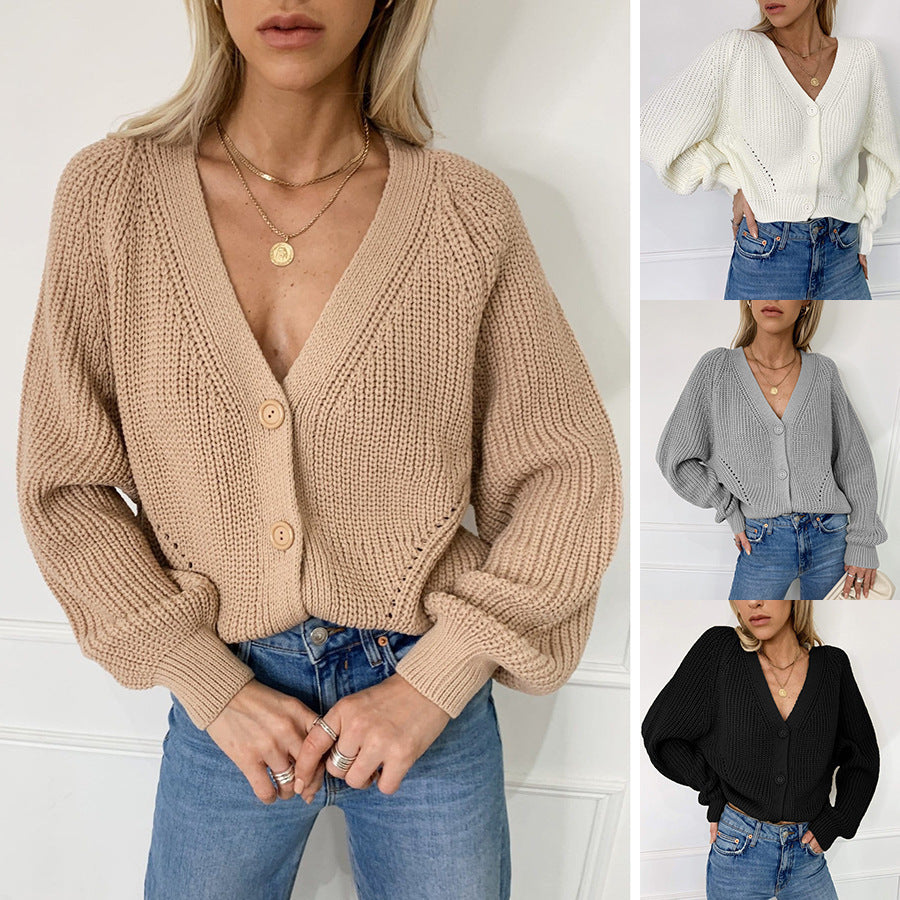 Women's Knit Cardigan Solid-Color V-Neck Lantern-Sleeve Button