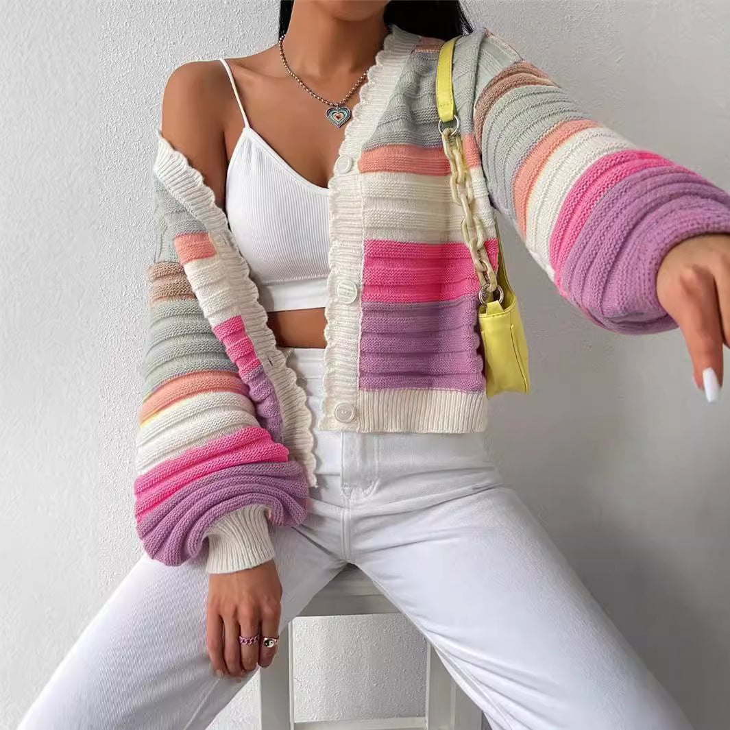 Women's Knitted Cardigan Colorblock Cardigan Rainbow Striped Lantern-Sleeve