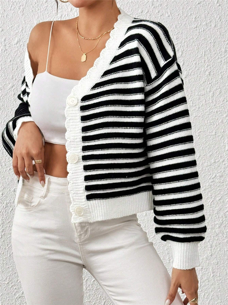 Women's Knitted Cardigan Colorblock Cardigan Rainbow Striped Lantern-Sleeve - product image 4