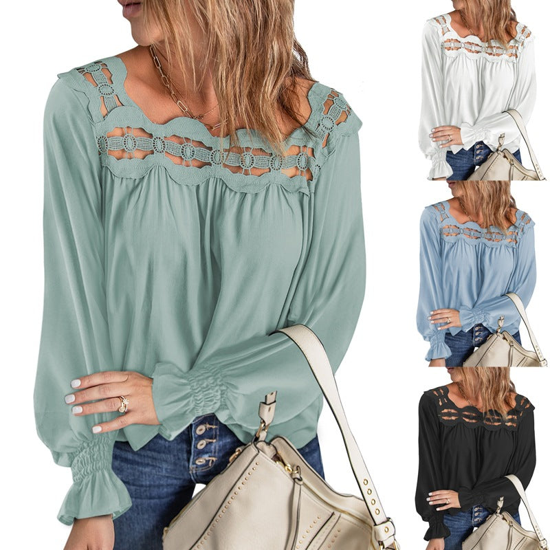 Women's Lace-Collar Hollow-Knit Pullover Blouse