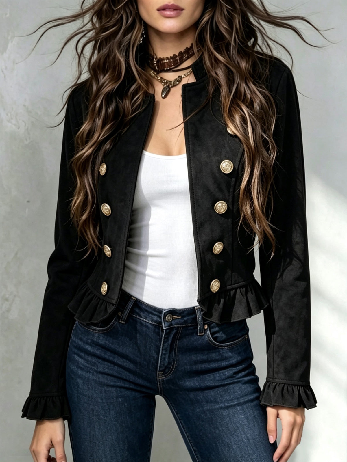 Women's Lace-Trim Button-Down Suede Jacket - product image 5