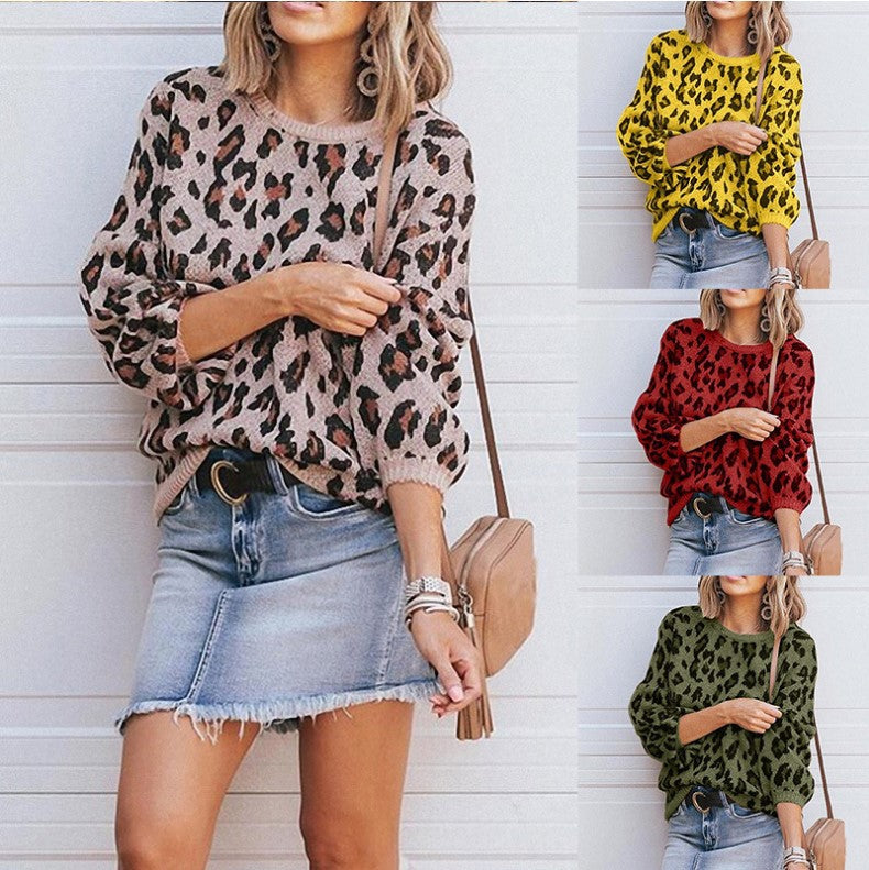 Women's Lantern-Sleeve Leopard Jacquard Sweater Female