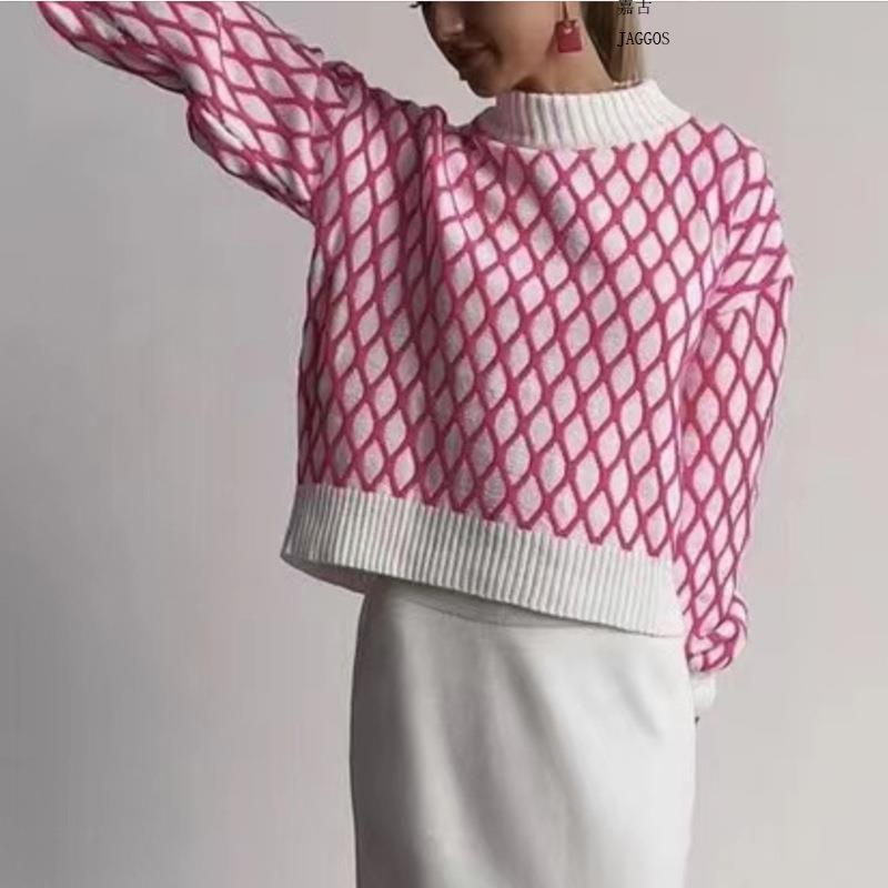 Women's Lantern-Sleeve Plaid Loose-Fitting Sweater