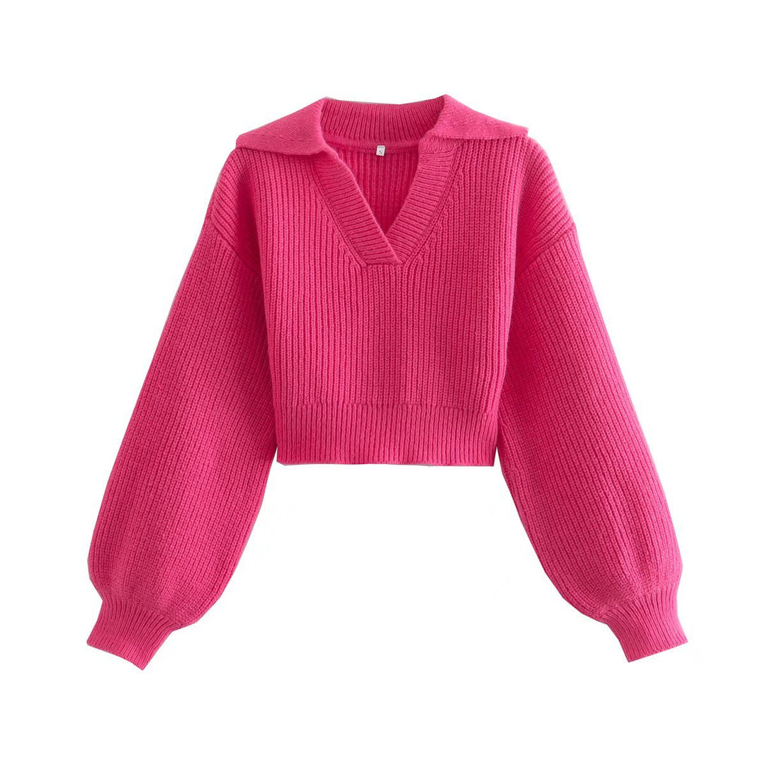 Women's Lapel Lantern-Sleeve Short Pullover Knit Sweater