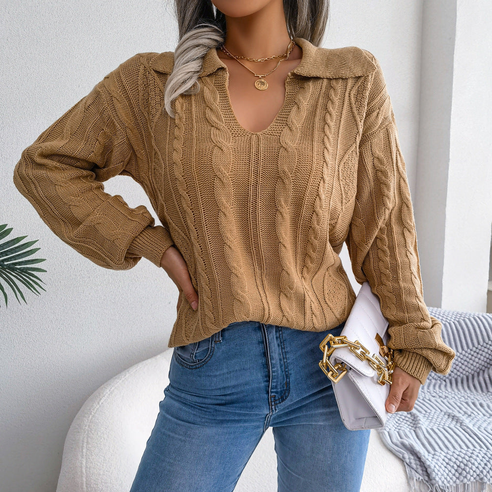 Women's Leisure Lapel Twist Lantern-Sleeve Knit Sweater