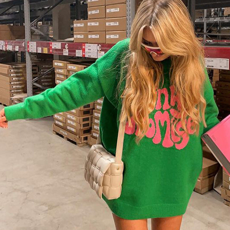 Women's Letter-Print Long-Sleeve Knit Sweater