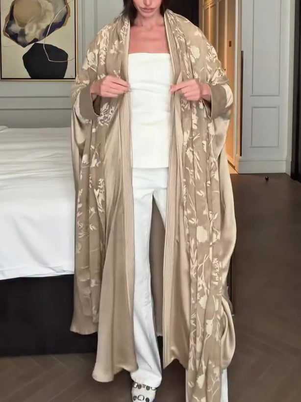 Women's Light Beige Satin Floral Jacquard Pleated Longline Kimono Cardigan