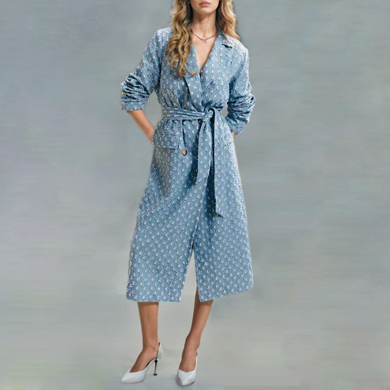 Women's Light Blue Tweed Belted Double-Breasted Long Coat