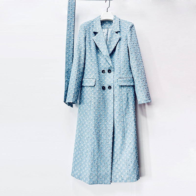 Women's Light Blue Tweed Belted Double-Breasted Long Coat - product image 2