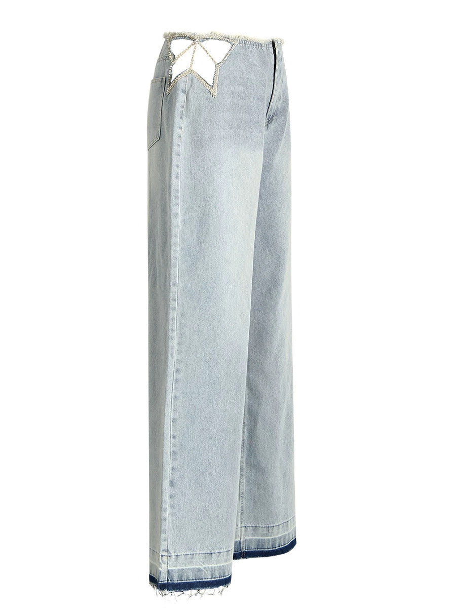 Women's Light-Wash Star Rhinestone Cutout Wide-Leg Jeans