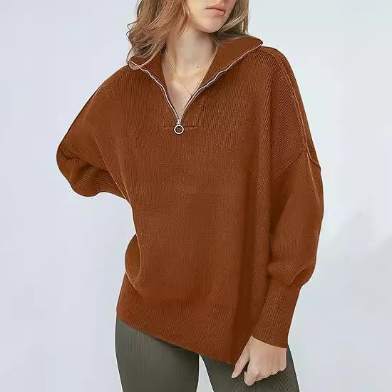 Women's Long-Sleeve 14 Zip Pullover Split Solid-Color Sweater
