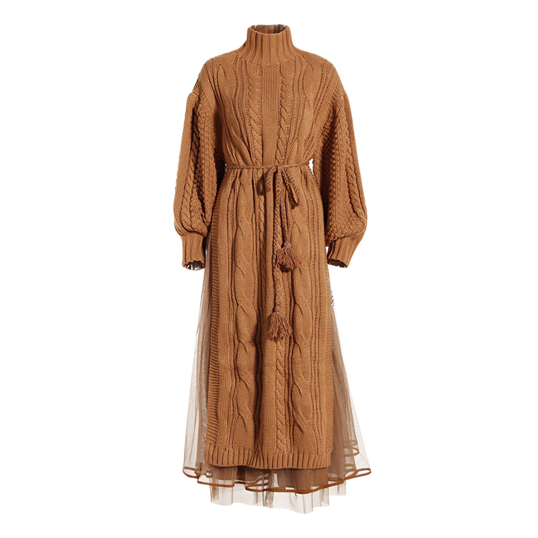 Women's Long Stand-Up Collar Lantern-Sleeve Sweater Skirt Two-Piece Set