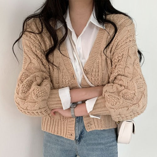Women's Loose All-Match V-Neck Lantern-Sleeve Short Sweater