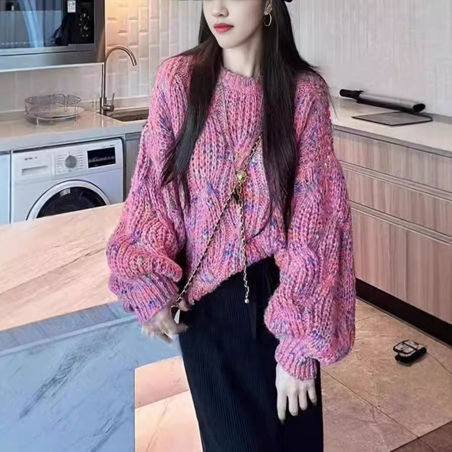 Women's Loose-Fitting Colorful Lantern-Sleeve Knit Sweater