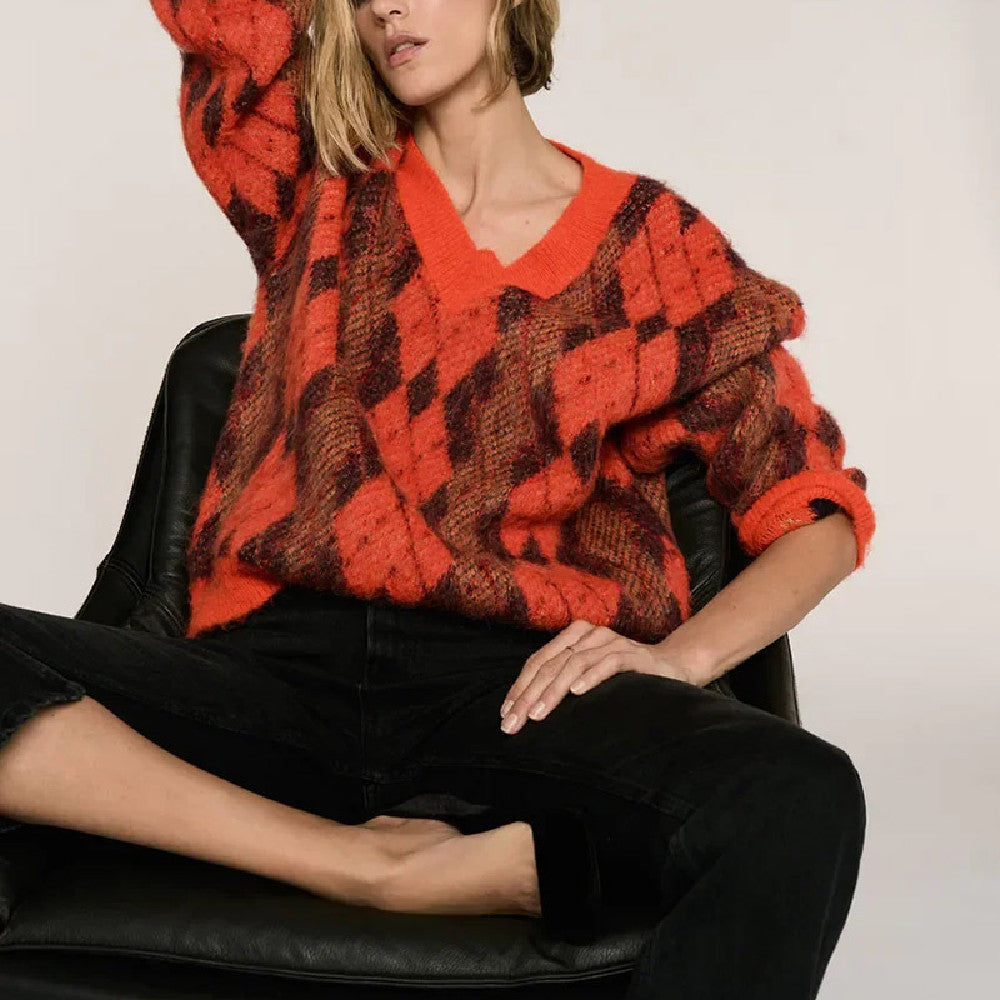 Women's Loose V-Neck Argyle Knit Sweater