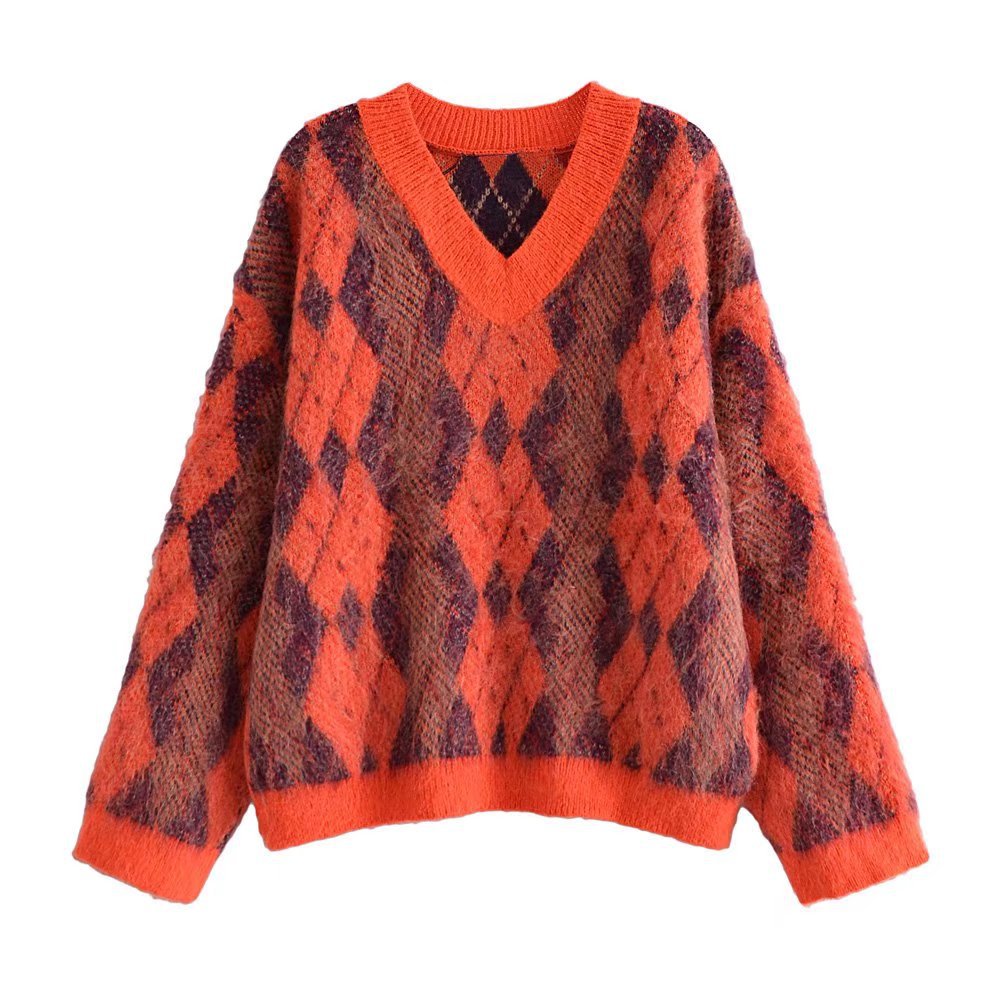 Women's Loose V-Neck Argyle Knit Sweater - product image 6
