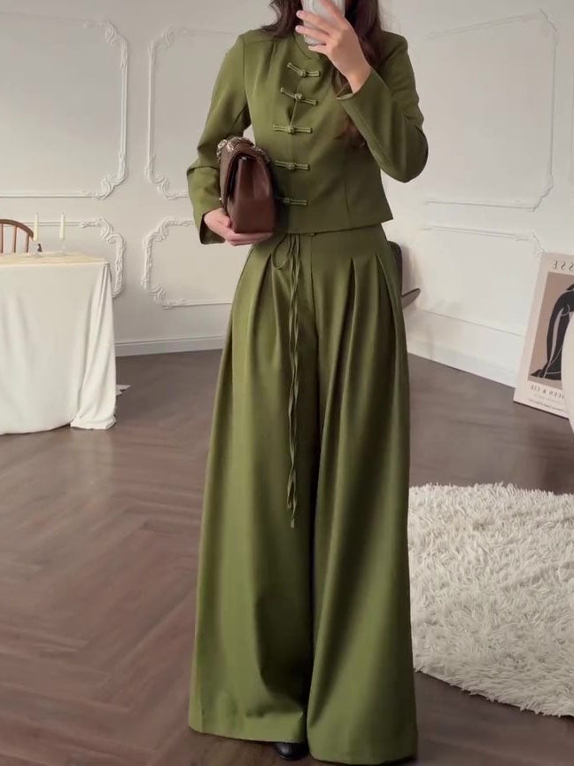 Women's Mandarin-Collar Knot Crop Top & Wide-Leg Pants Set