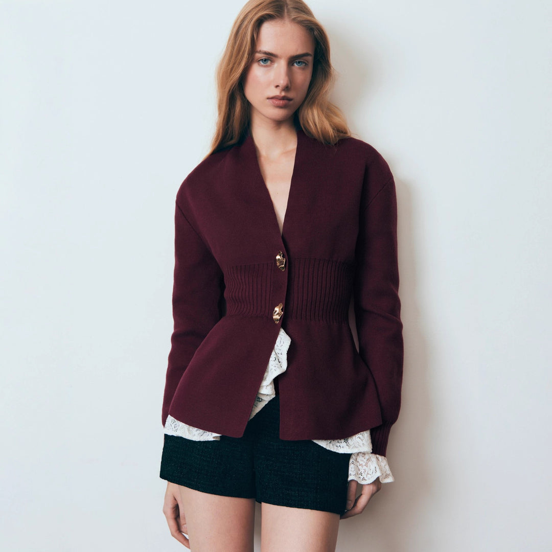 Women's Metal Button Cardigan V-Neck Long-Sleeve Slit