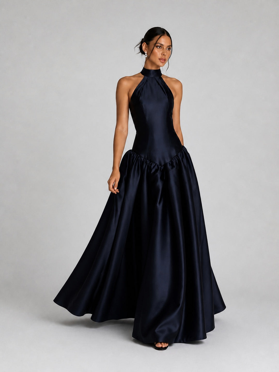 Women's Midnight Navy Satin Halter Neck Ball-Gown Evening Dress