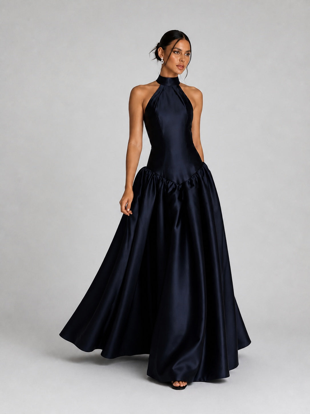 Women's Midnight Navy Satin Halter Neck Ball-Gown Evening Dress