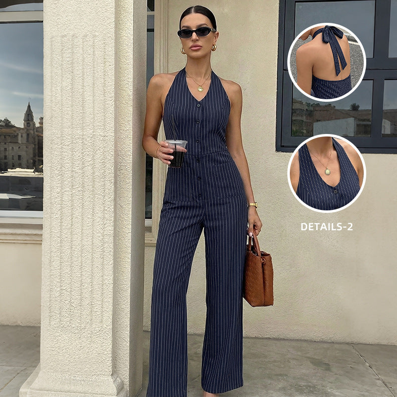Women's Navy Pinstripe Halter Wide-Leg Jumpsuit