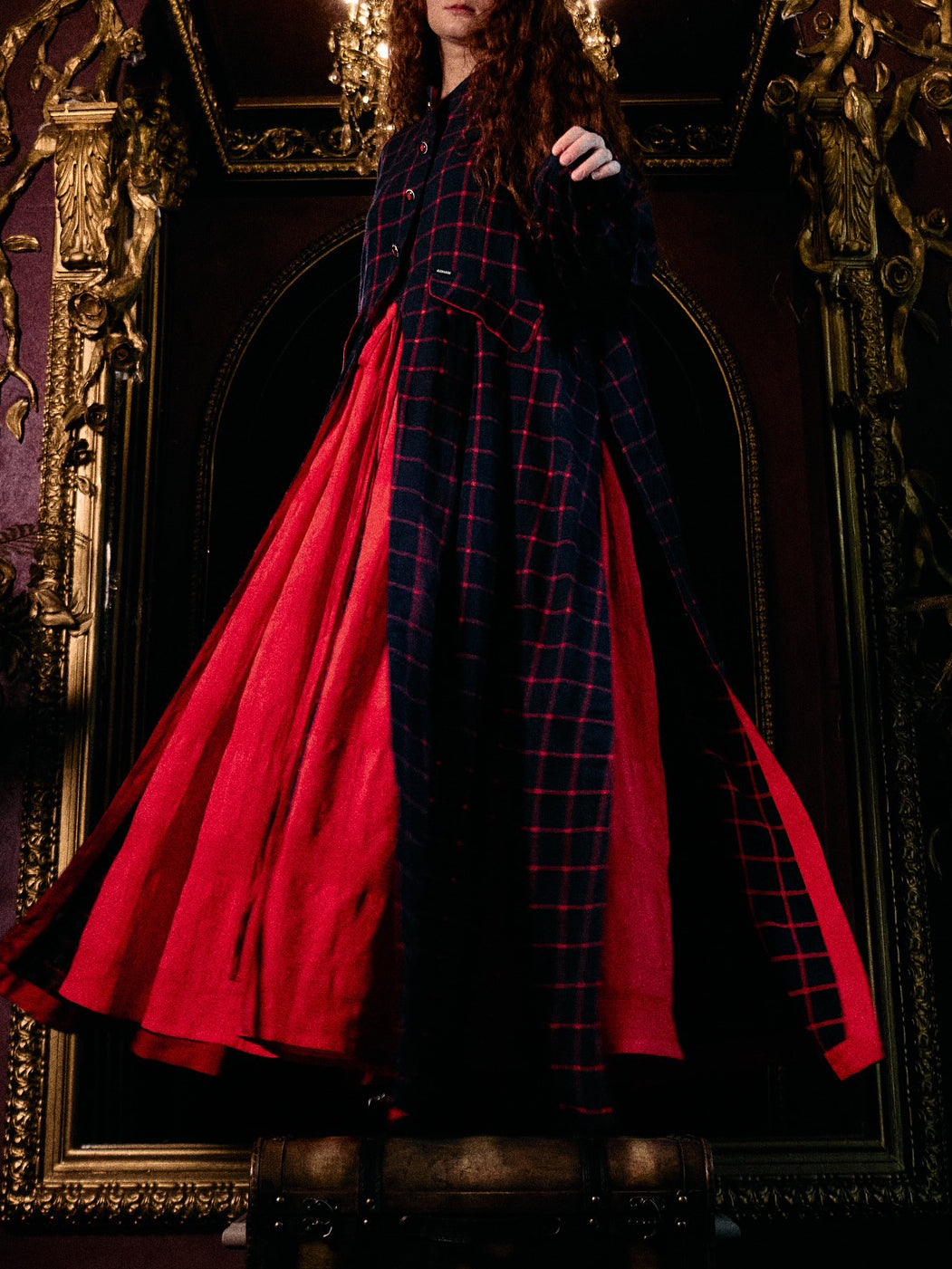 Women's Navy Plaid Long Coat & Red Maxi Dress Set