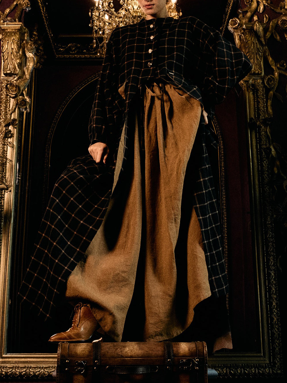 Women's Navy Plaid Long Coat & Red Maxi Dress Set - product image 6