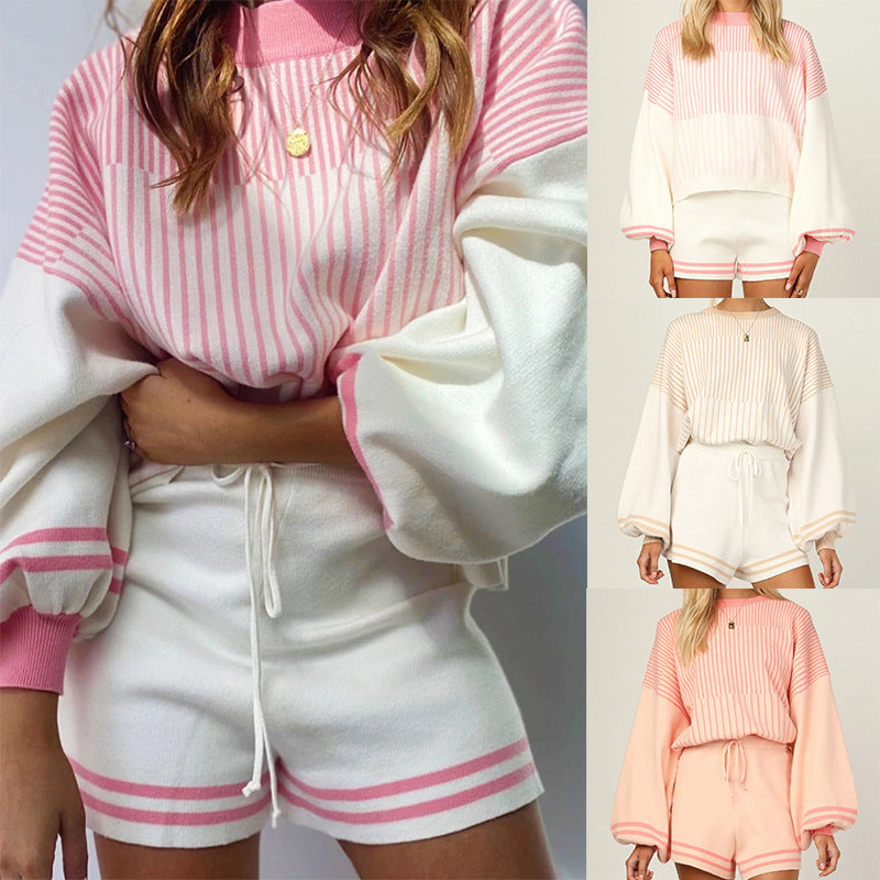 Women's New Lantern-Sleeve Long Sweater Shorts Time Sweet Set