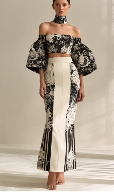 Women's Off-Shoulder Baroque Print Crop Top And Skirt Set