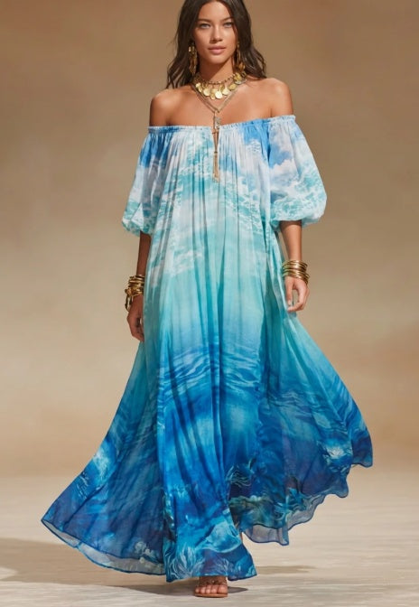 Women's Off-Shoulder Ocean Print Maxi Dress