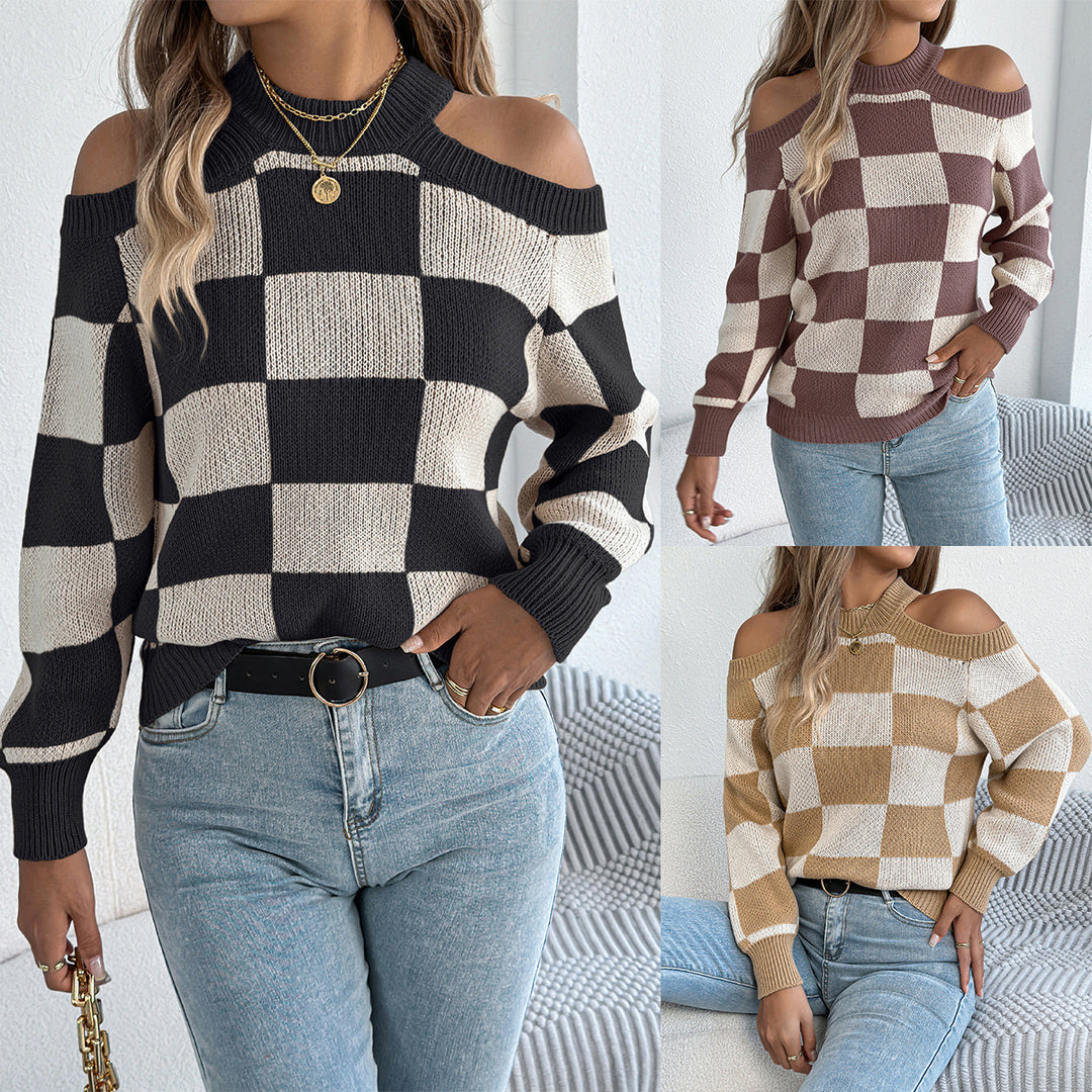 Women's Off-The-Shoulder Contrast Color Plaid Lantern Long-Sleeve Sweater