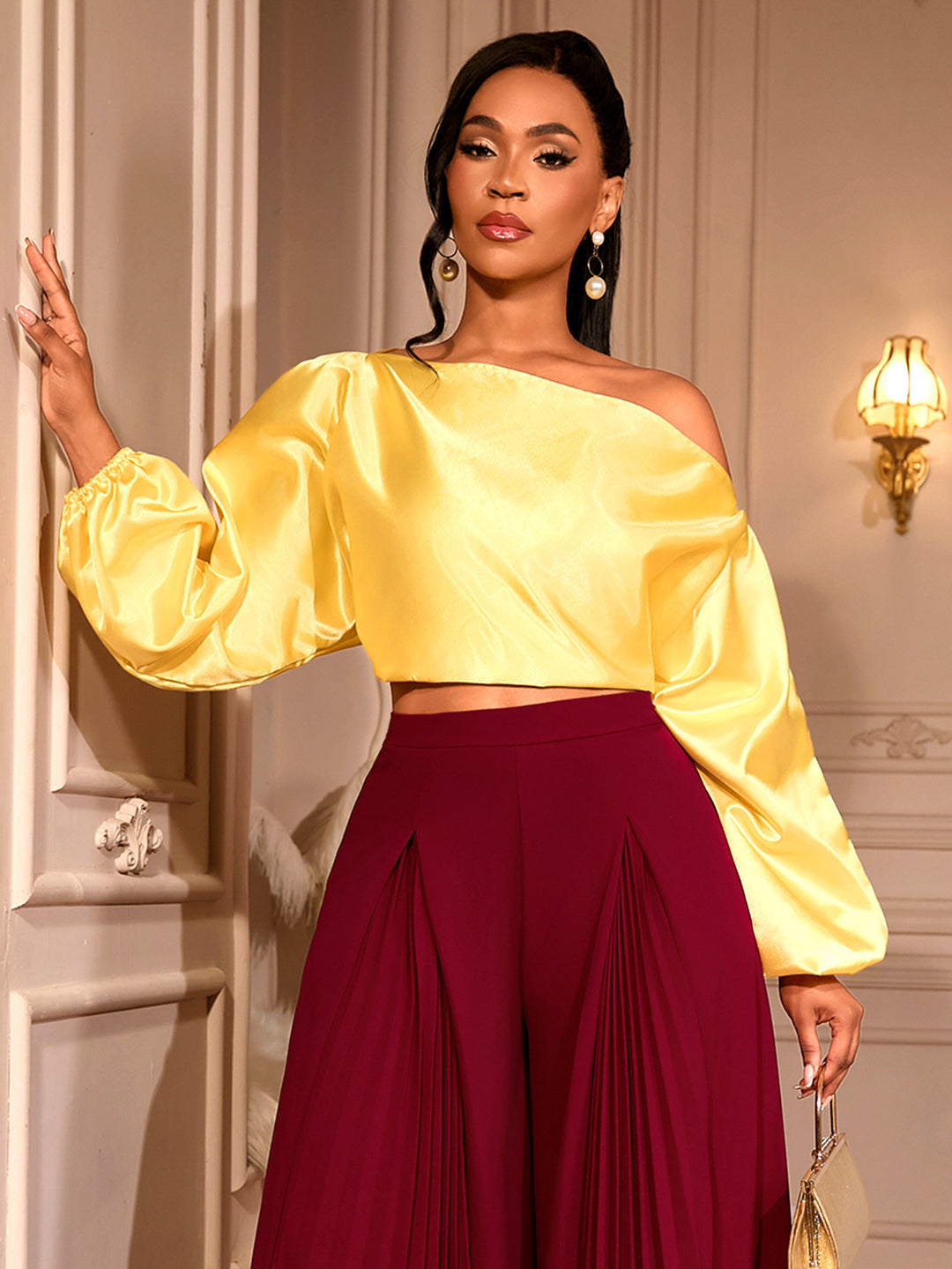 Women's One-Shoulder Balloon-Sleeve Cropped Blouse