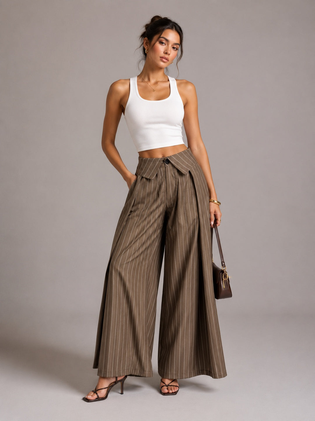Women's Pinstripe High-Waist Pleated Wide-Leg Trousers